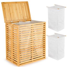 Bamboo Laundry Basket With Lid - Foldable Laundry Basket With 2 Sections Of Removable Lined Pockets For Bathroom, Bedroom And Laundry (Option: Natural color)