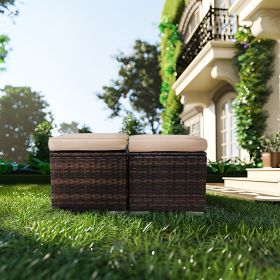 2 Wicker Ottomans, Multipurpose Outdoor Furniture For Patio, Backyard, Additional Seating, Footrest, Side Table With Storage, Removable Cushions (Color: Brown)